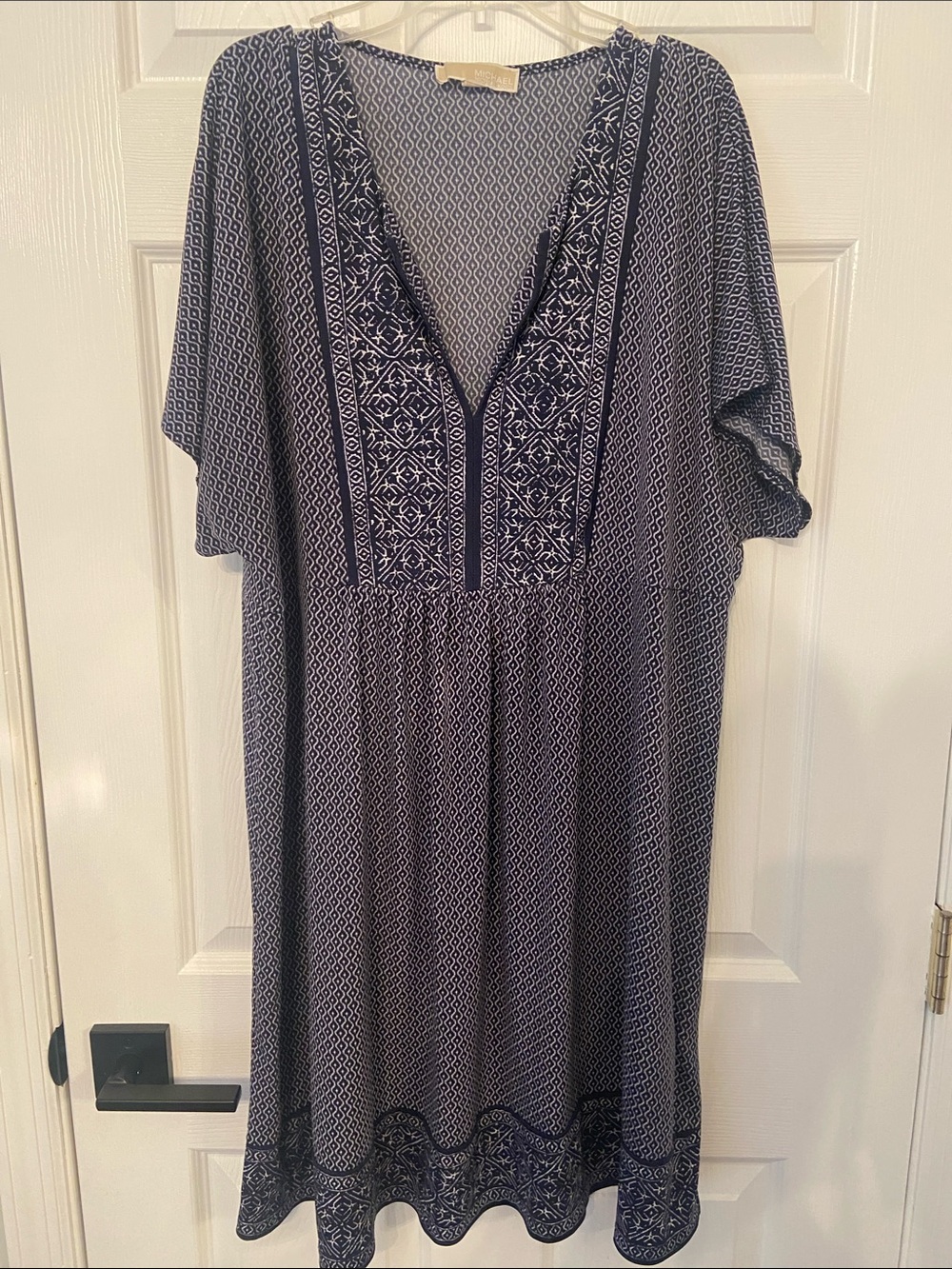 Michael Kors Embroidered V-Neck Midi Dress - Navy/White